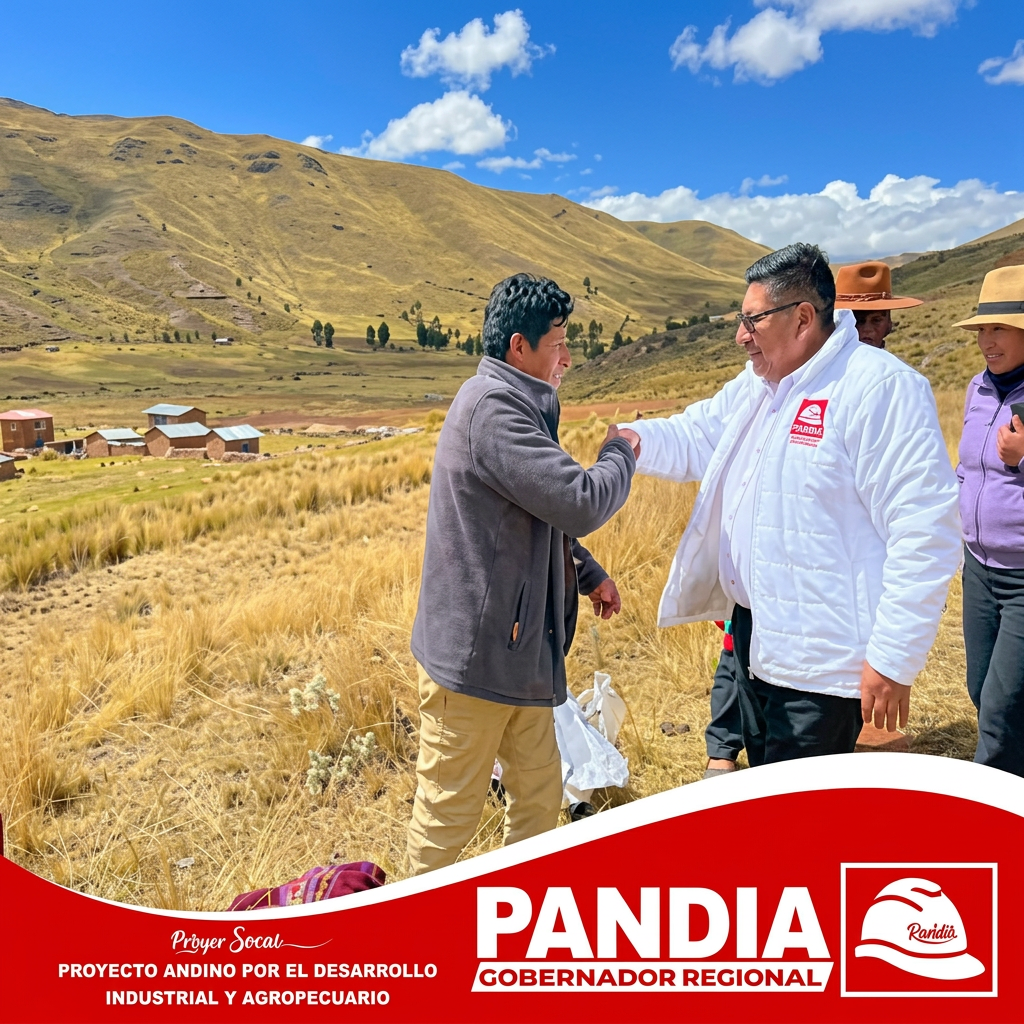 Eduardo Quispe Pandia saludando a un poblador en el campo altiplánico